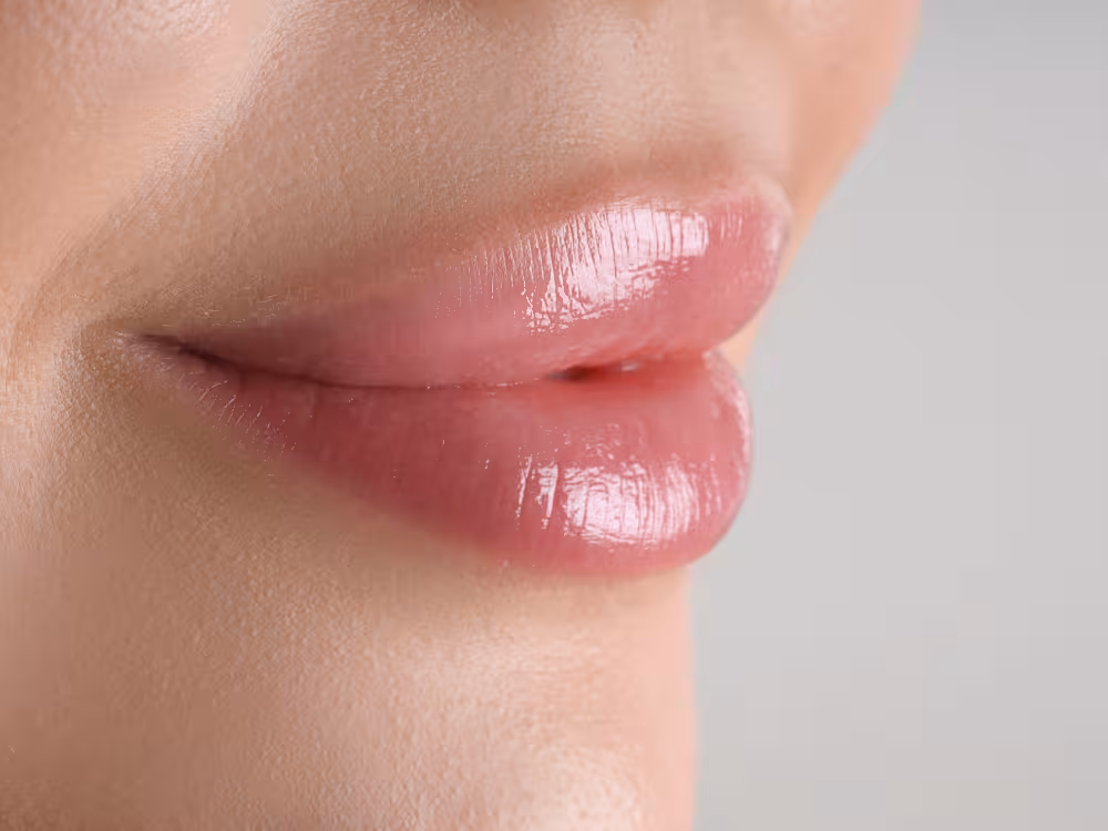 Close-up de lábios com gloss nude-rosado brilhante, acabamento molhado e reluzente, pele glowy natural.