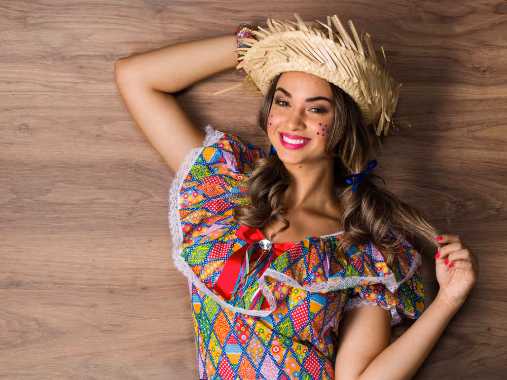 Mulher sorridente deitada no chão em fantasia junina colorida, chapéu de palha grande, sardas pintadas no rosto, tranças com laços azuis, fundo de madeira clara.