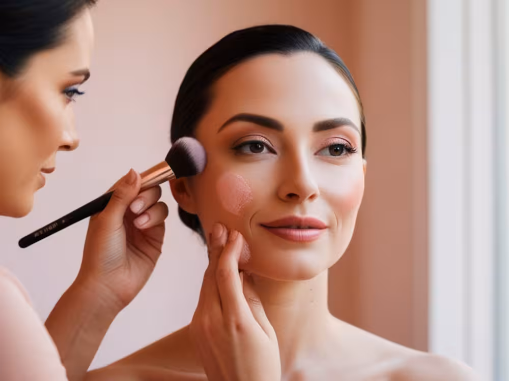 Maquiadora aplicando blush rosado com pincel na maçã do rosto de uma mulher sorridente, close-up de maquiagem glowy natural.