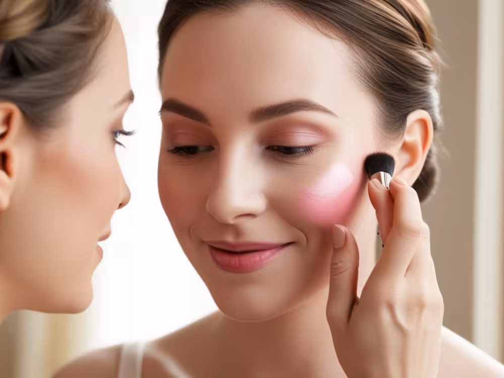 Uma mulher de pele clara segura um bastão de blush cremoso rosado e o aplica diretamente na bochecha, ilustrando a praticidade e o resultado natural desse tipo de produto para um look de praia.