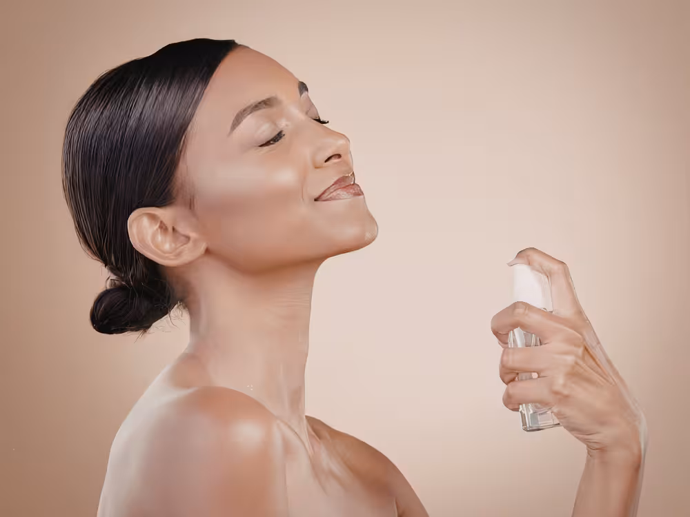 Uma mulher de pele clara aplica um batom cremoso em tom de rosa natural nos lábios, ilustrando a textura suave e o acabamento hidratante para um look de praia leve no verão.