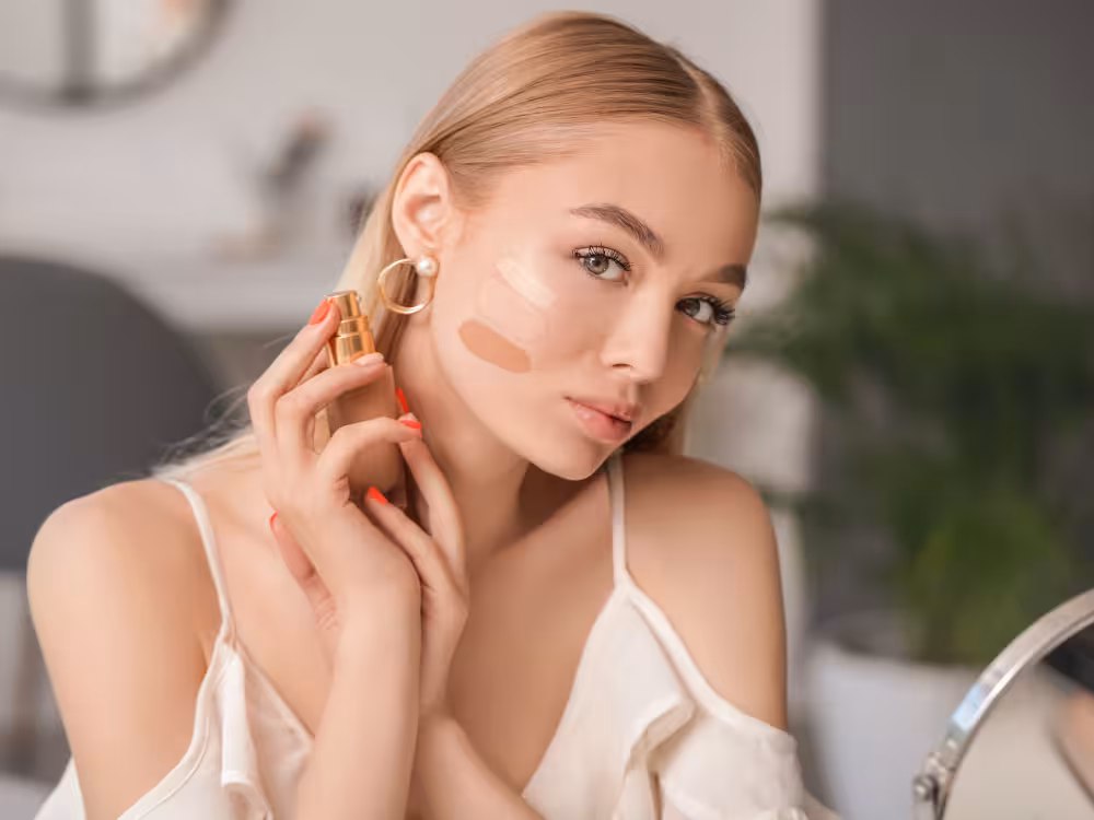 Mulher jovem loira de cabelos lisos soltos e olhos verdes, com três swatches de base em tons bege claro, médio e bronzeado aplicados na bochecha para comparação. Segura um batom ou frasco pequeno dourado com unhas vermelhas. Brinco argola com pérola, blusa branca com ombro à mostra. Espelho de mesa e ambiente doméstico desfocado ao fundo.