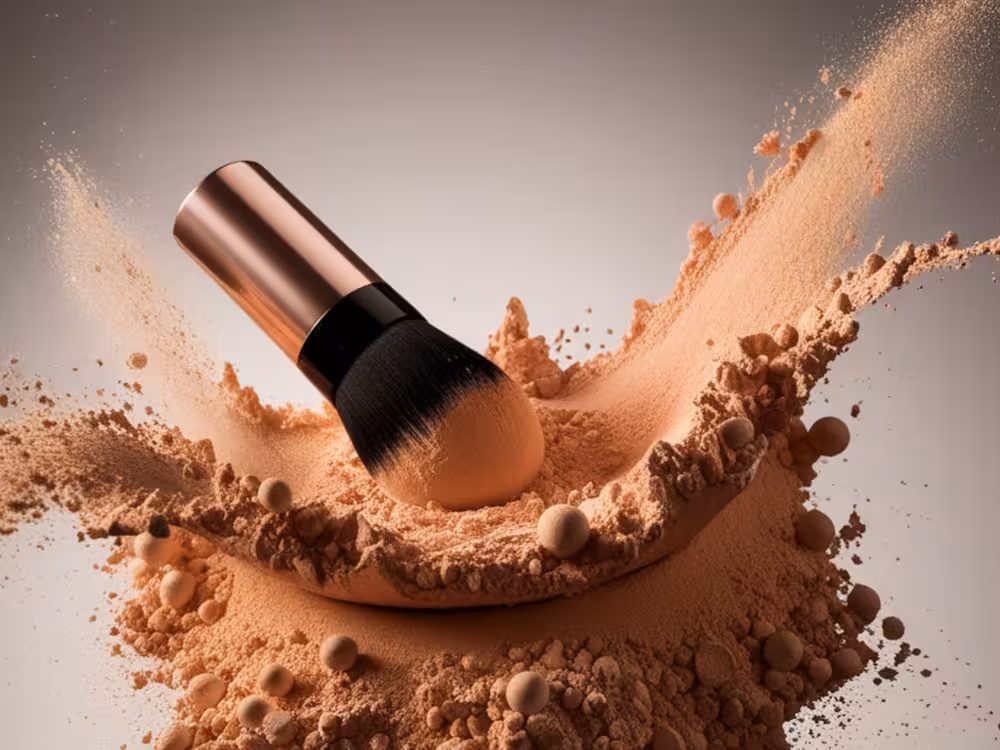 Pincel de maquiagem com cabo rose gold e cerdas pretas densas mergulhado em pó compacto bege-terracota explodido, com partículas e esferas do produto espalhadas ao redor em movimento. Fundo cinza claro com iluminação dramática. Imagem com estética de produto publicitário.